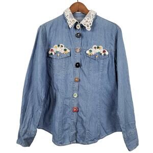 Vintage 80s Andrews Blues Button Up Buttons Granny Art Country Classic - M